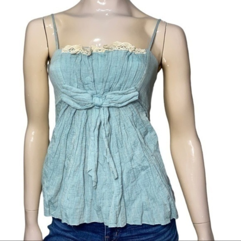 Robert Rodriguez Women’s Size 4 Blue Cotton Lace Bow Front Spaghetti Strap Top